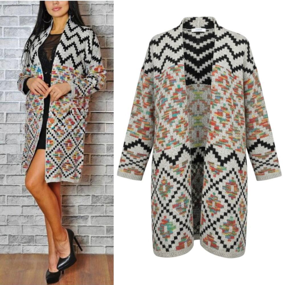 DREAMERS By Debut Aztec Boho Open Front Long Sleeve Duster Cardigan Size Small